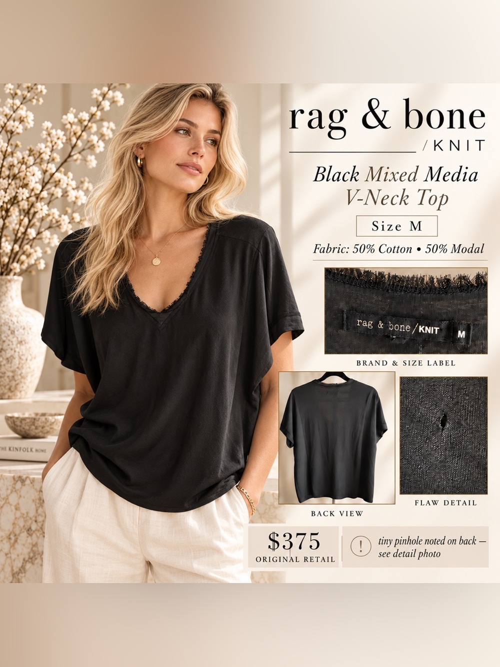 rag & bone Black Mixed Media V-Neck Top in Black Medium